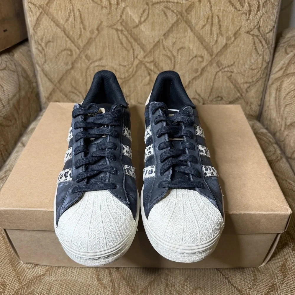 adidas Superstar Black/White Leopard Leather Sneakers IF7616 Women's Size 9